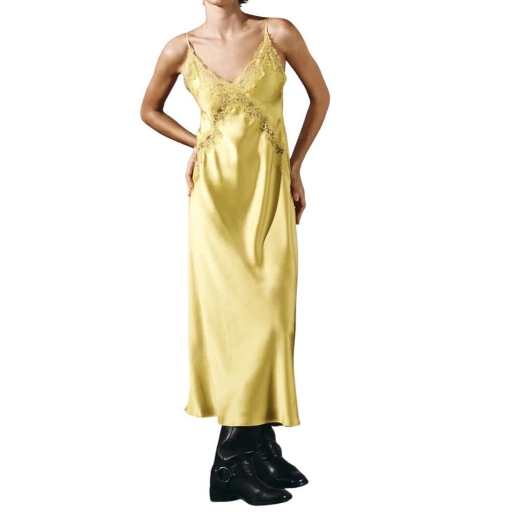 Zara Yellow Satin Sheer Lace Open Back Midi Dress Size S